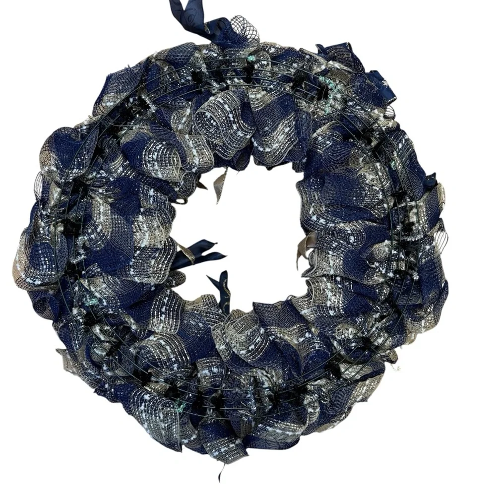 Handmade Navy & Gold Holiday Mesh Wreath Hope, Faith, Love Glitter Accents 23